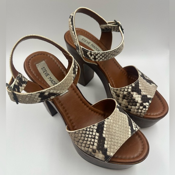Snakeskin Platform Sandals Chunky Heels Steve Madden size 37/7 Women Shoes Brown - Picture 2 of 7